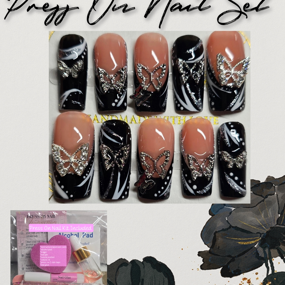 Black and Nude Butterfly Press On Nail Set